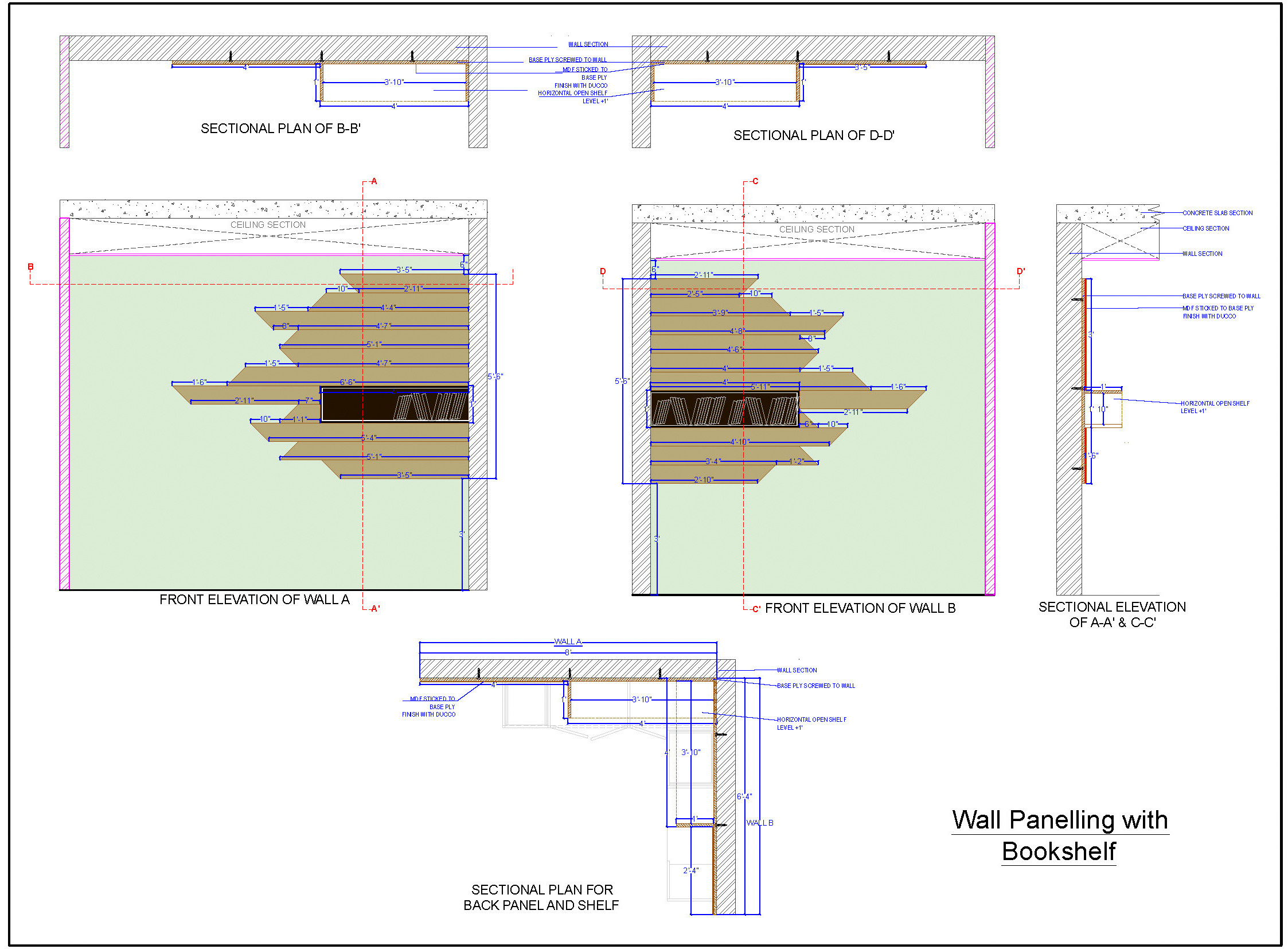 Accent Wall Paneling with Bookshelf DWG Design